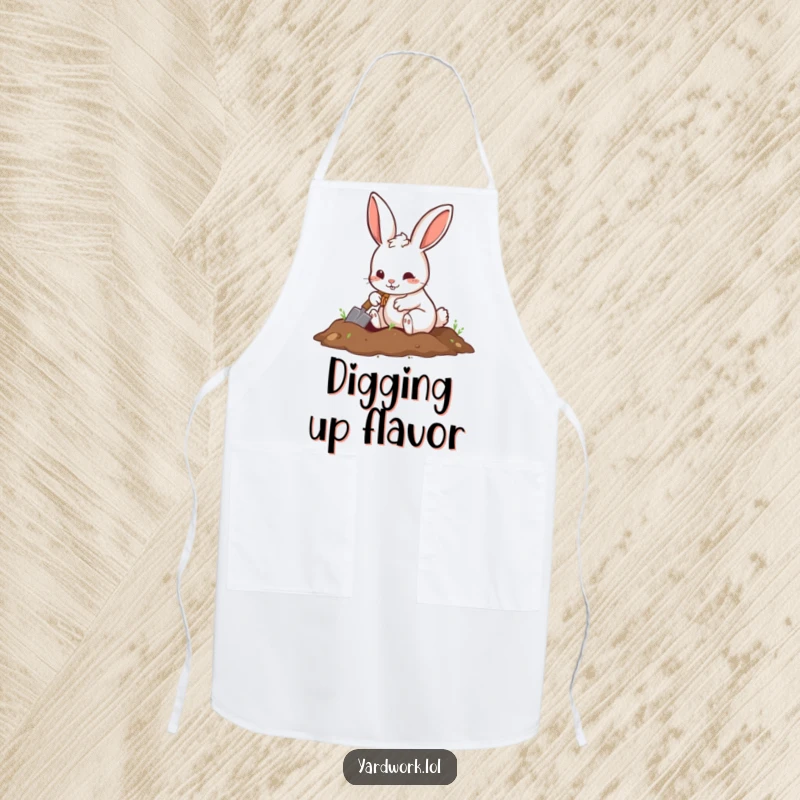Funny apron showing a playful rabbit digging with a small shovel, perfect for active tasks.