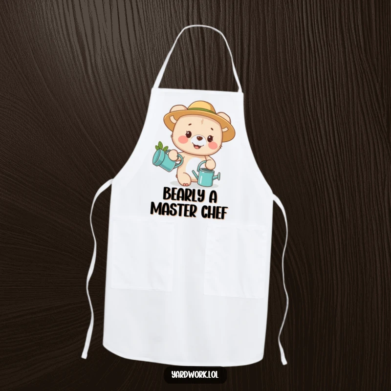 Funny apron showing a happy bear cub with a watering can, perfect for kitchen fun and gardening.