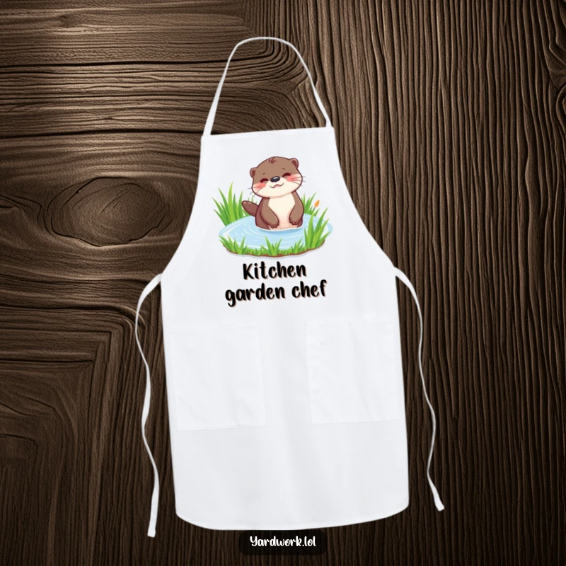Funny apron depicting a playful otter watering a patch of vibrant green grass. Cute and practical for gardening or cooking.