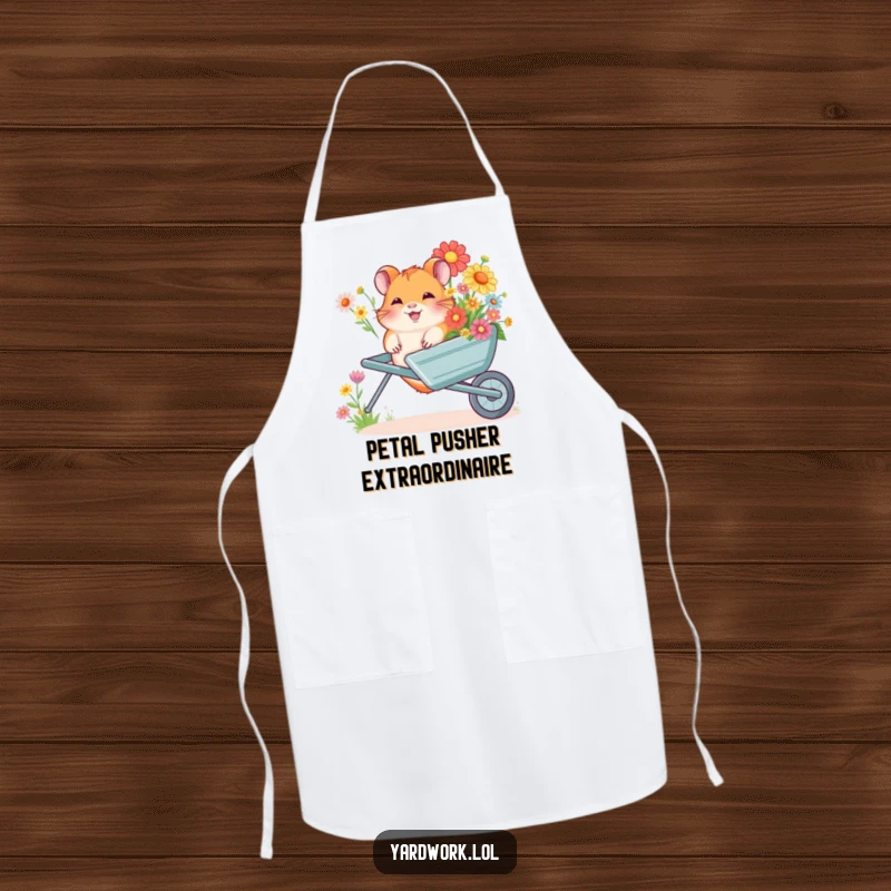 Funny apron depicting a giggling hamster enthusiastically pushing a wheelbarrow overflowing with vibrant flowers while gardening or cooking.