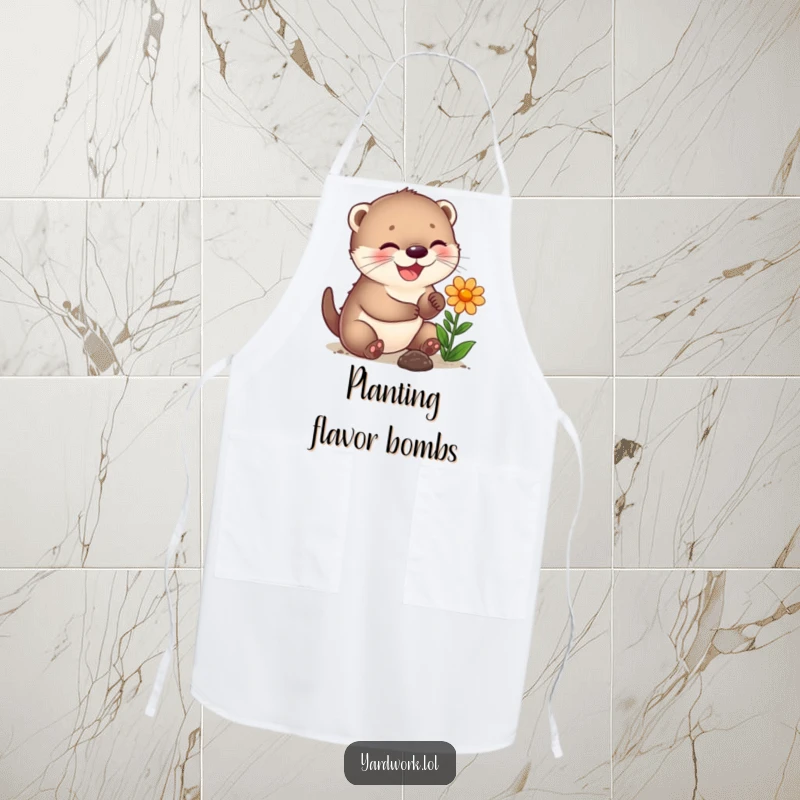 Funny apron showing a joyful otter cub planting a flower, perfect for kitchen or garden fun.
