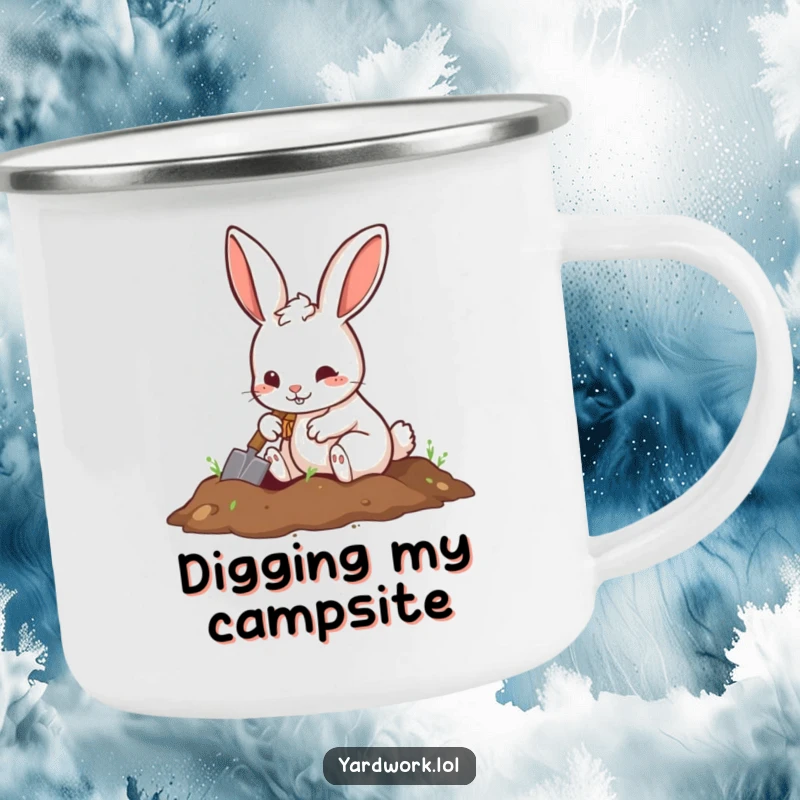 Funny camping mug with a playful rabbit digging with a small shovel, perfect for active campers.