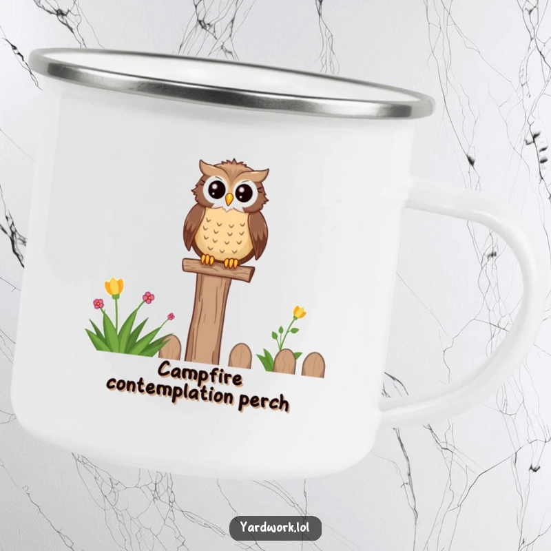 Funny camping mug with a wise, content owl perched on a fence post, overlooking a garden. Perfect for outdoor enthusiasts.