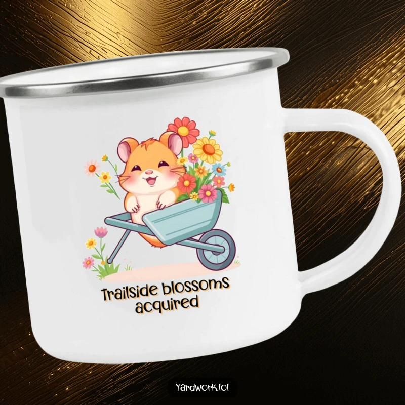 Funny camping mug featuring a giggling hamster pushing a wheelbarrow packed with colorful flowers, perfect for outdoor adventures.