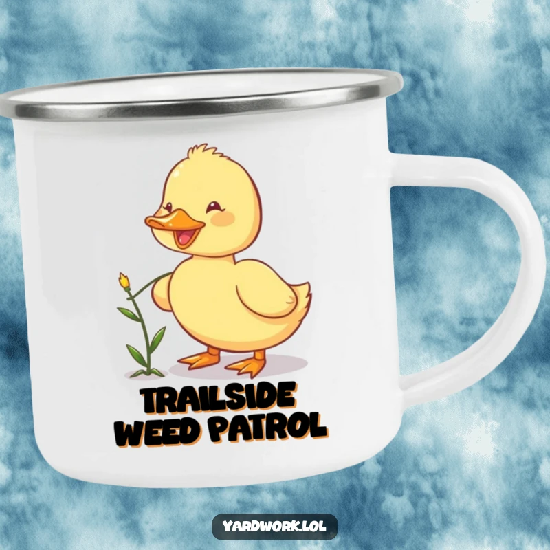 Funny camping mug featuring a happy duckling using its beak to pull a small weed, perfect for outdoor adventures.