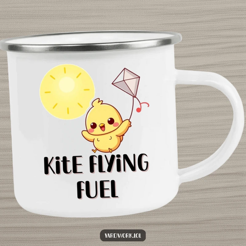 Funny camping mug with a cheerful chick flying a kite in a sunny sky, perfect for outdoors.