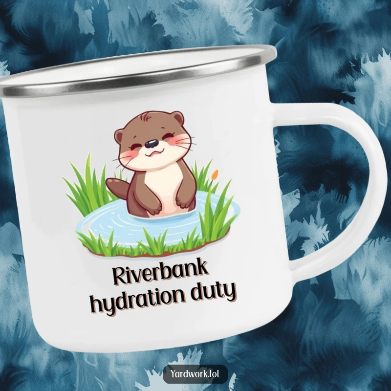 Funny camping mug featuring a playful otter watering a patch of vibrant green grass. Perfect for outdoor enthusiasts.