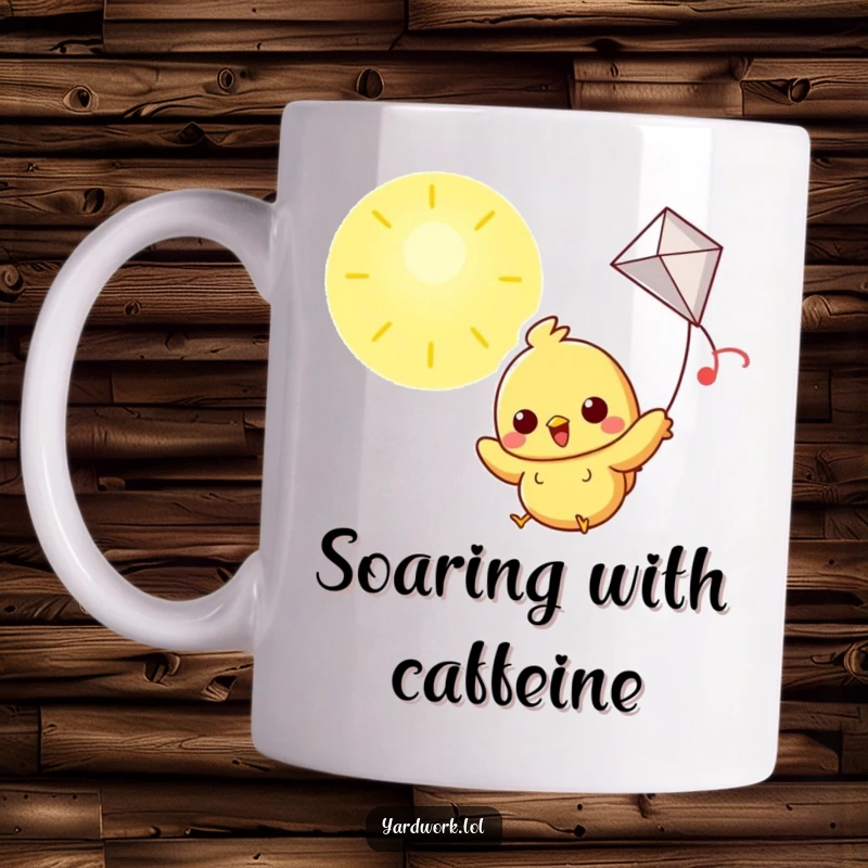 Funny chick joyfully flying a kite high in a sunny sky, embodying freedom and happiness.