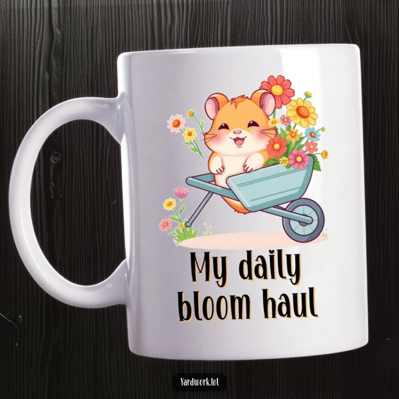 Funny mug with a cute, giggling hamster pushing a wheelbarrow full of colorful flowers, conveying pure joy. A delightful gift for garden lovers.