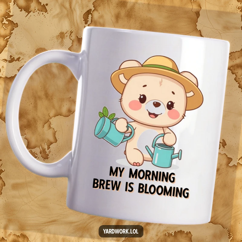 Funny bear cub in a gardening hat, joyfully holding a watering can, ready to water plants, perfect cute gift.