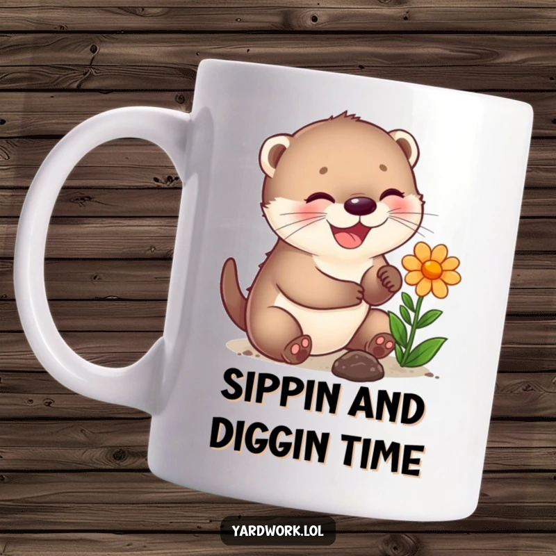 Funny otter cub joyfully planting a vibrant flower, perfect for garden enthusiasts and animal lovers.