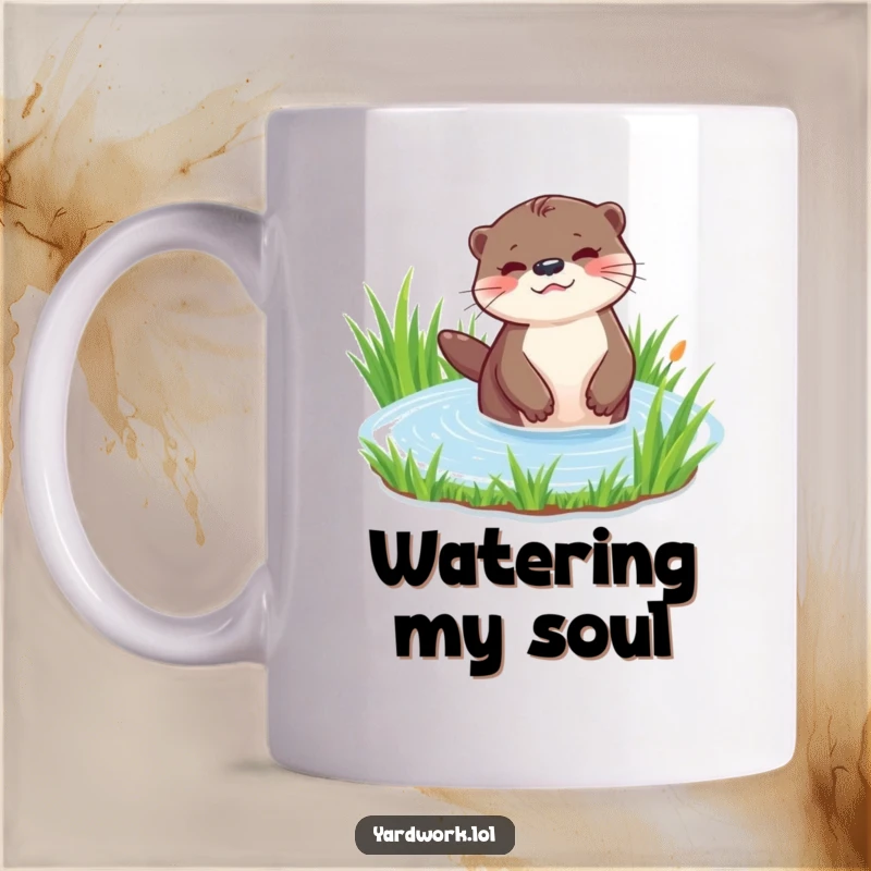 Funny mug showing a playful otter happily watering a patch of vibrant green grass with a small watering can. Aquatic garden helper.