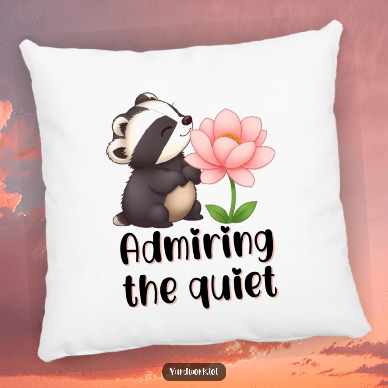 Funny decorative pillow with a delighted badger admiring a large, perfectly bloomed flower. Adds charm and nature-inspired humor.