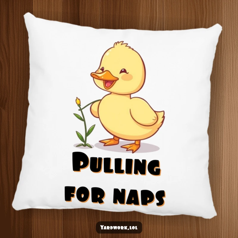 Funny decorative pillow with a happy duckling pulling a weed with its beak, perfect for adding charm and humor to a room.