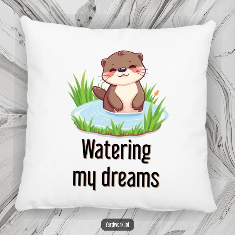 Funny decorative pillow with a playful otter watering a patch of vibrant green grass. Adds charm and humor to a space.