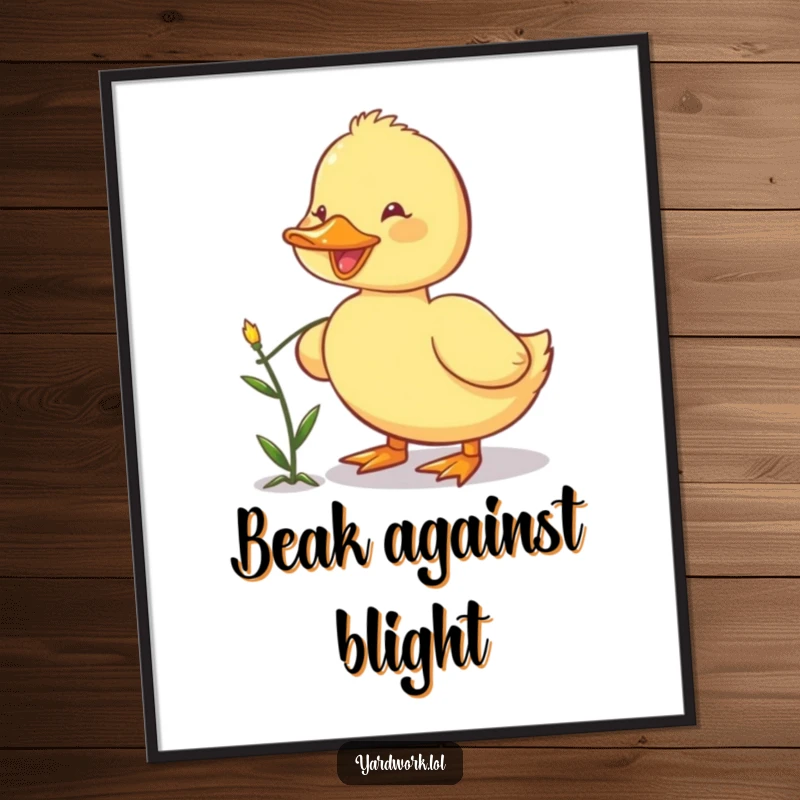 Funny digital art print of a happy duckling using its beak to pull a small weed, perfect for DIY framing.