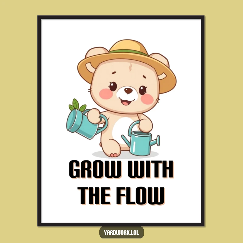 Funny Bear Cub Gardening Digital Art Print: Cheerful Decor Gift for Walls
