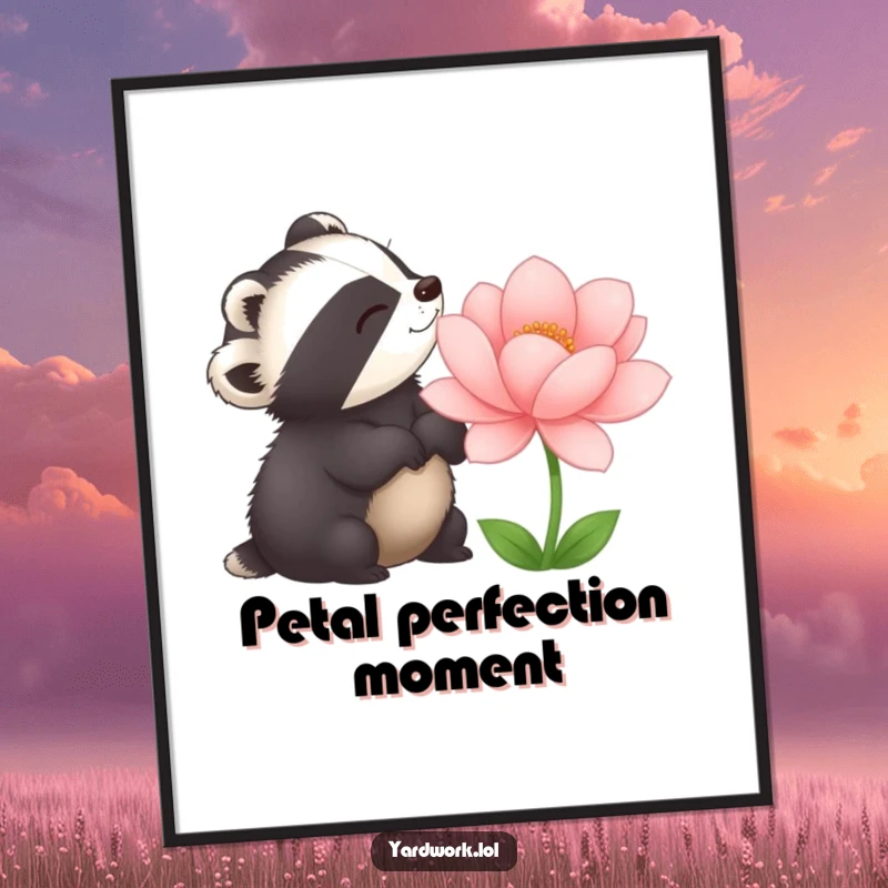 Funny digital art print of a delighted badger admiring a large, perfectly bloomed flower. Ready for DIY framing.