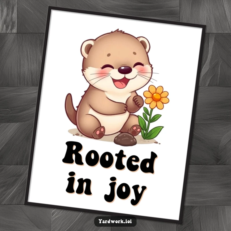 Funny digital art print of a joyful otter cub planting a vibrant flower, cheerful and cute decor.