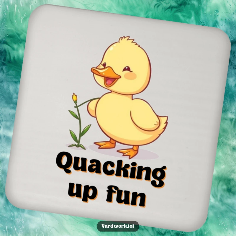 Funny drink coaster with a happy duckling pulling a weed with its beak, protecting surfaces with charm.