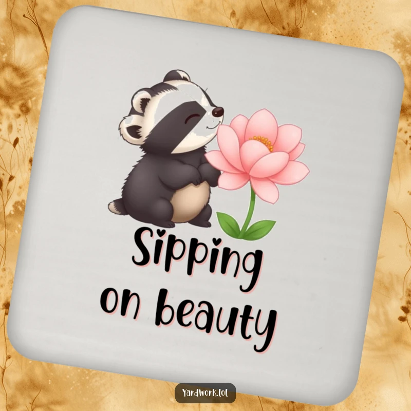 Funny drink coaster with a delighted badger admiring a large, perfectly bloomed flower. Protects surfaces with charm.