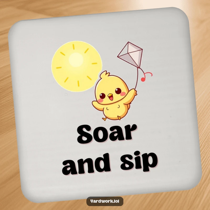 Funny coasters featuring a cheerful chick flying a kite in a sunny sky, protecting surfaces with joy.