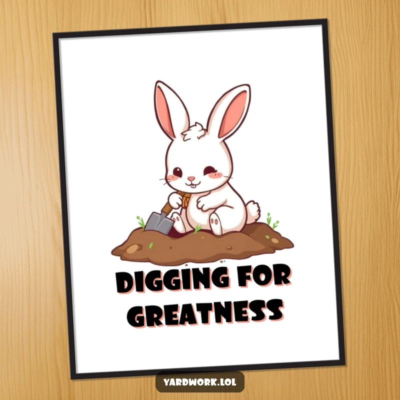 Funny poster art of a playful rabbit digging a hole with a small shovel, full of energy.