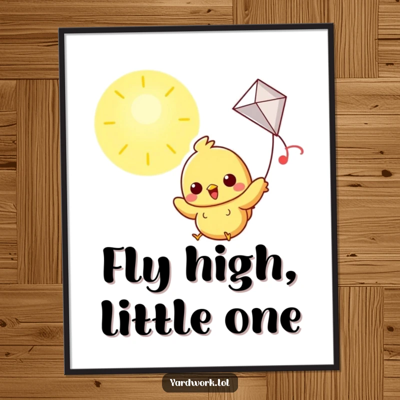 Funny poster art of a cheerful chick flying a kite high in a bright, sunny sky, full of joy.