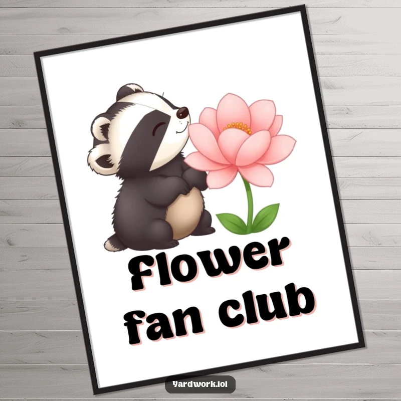 Funny poster print of a delighted badger admiring a large, perfectly bloomed flower. Adds a touch of nature's beauty.