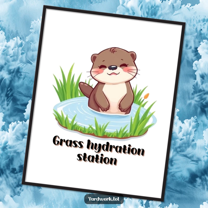 Funny poster print of a playful otter watering a patch of vibrant green grass. Adds a whimsical touch to any room.