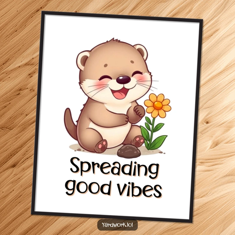 Funny poster art of a joyful otter cub happily planting a vibrant flower, bringing cheerful vibes.