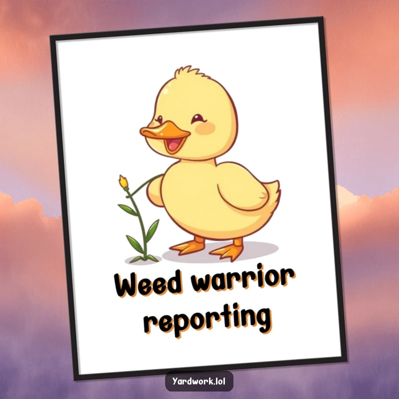 Funny poster print of a happy duckling using its beak to pull a small weed, adding a touch of garden whimsy.