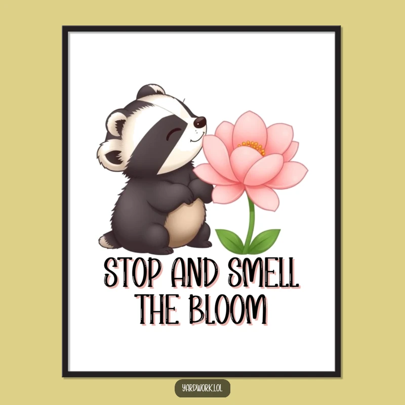 Funny Free Printable Wall Art: Badger Admiring Big Flower, Whimsical Garden Decor