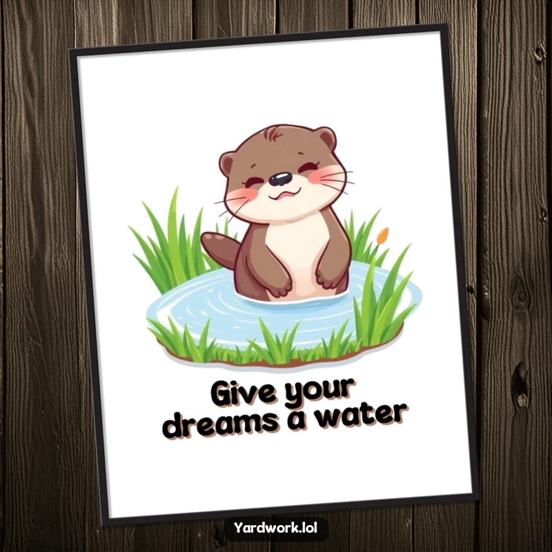 Funny Free Printable Wall Art: A cheerful, playful otter watering a vibrant patch of lush green grass with a watering can.