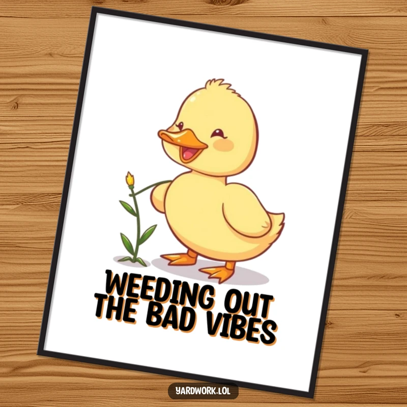 Funny Free Printable Wall Art: An adorable, happy duckling diligently pulling a small weed from the soil with its beak.
