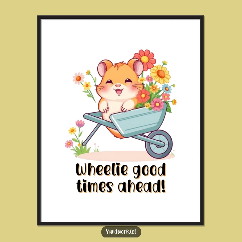 Funny Free Printable Wall Art: Giggling Hamster Pushing Flowers, Hilarious Downloadable Decor