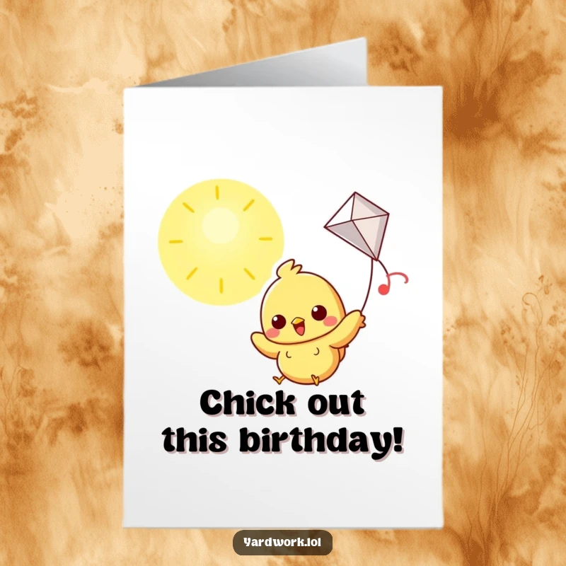 Funny Free Printable Birthday Card: A cheerful chick joyfully flying a kite against a sunny sky backdrop.