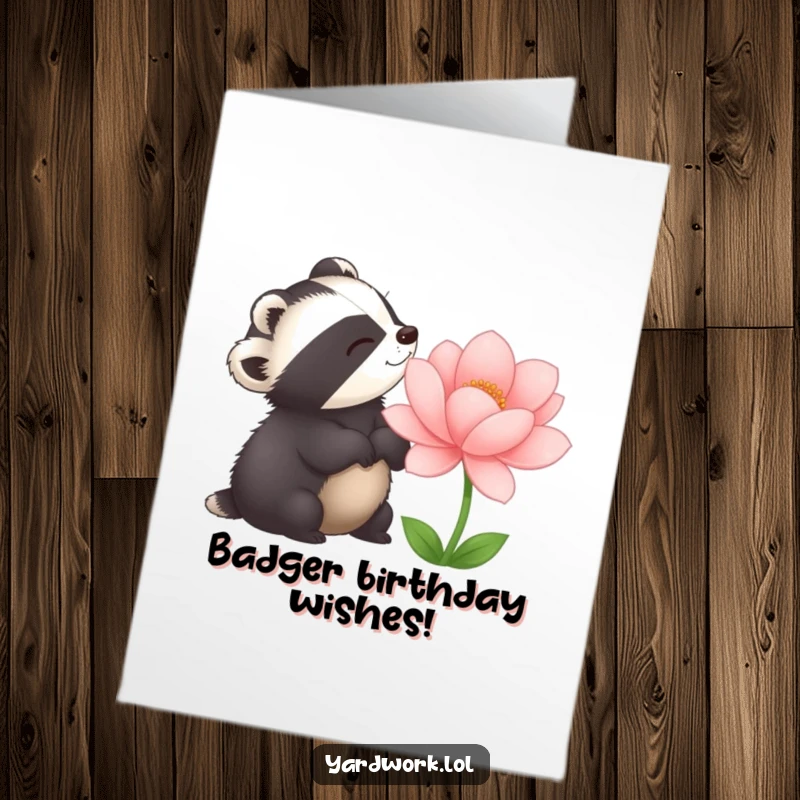 Funny Free Printable Birthday Card: A delighted badger gazing in awe at a huge, perfectly bloomed flower in a garden.