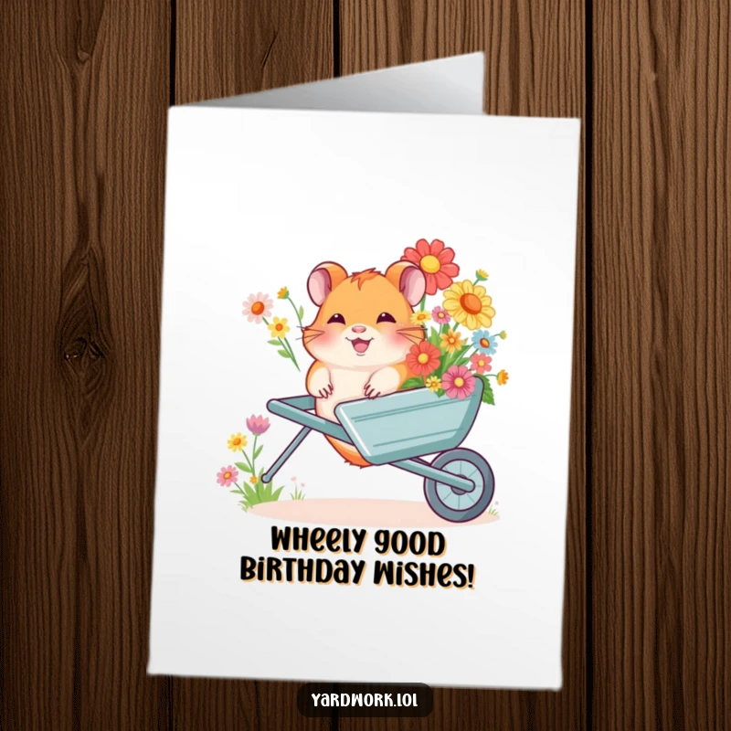 Funny Free Printable Birthday Card: A very happy hamster giggling while pushing a wheelbarrow full of bright, colorful flowers.