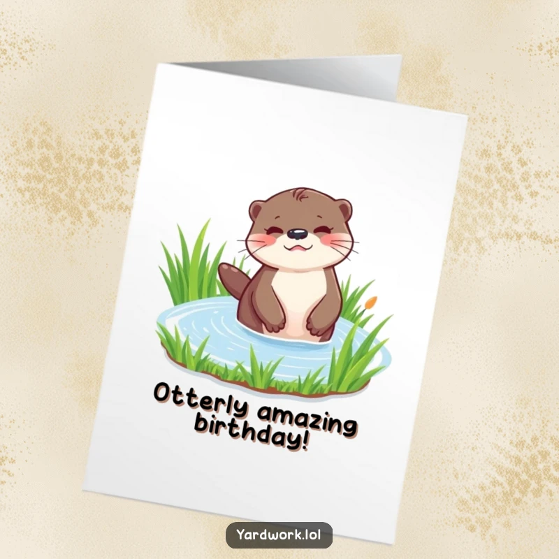 Funny Free Printable Birthday Card: A playful otter happily watering a patch of vibrant green grass with a small watering can.