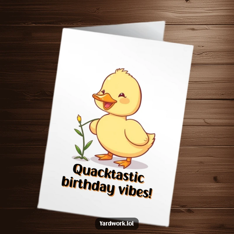 Funny Free Printable Birthday Card: A small, happy duckling diligently pulling a tiny weed from the garden with its beak.