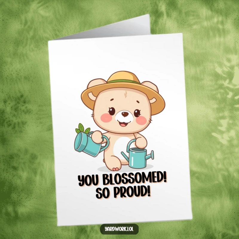 Funny Free Printable Congratulations Card: Happy bear cub gardener tending to plants, symbolizing growth and success.