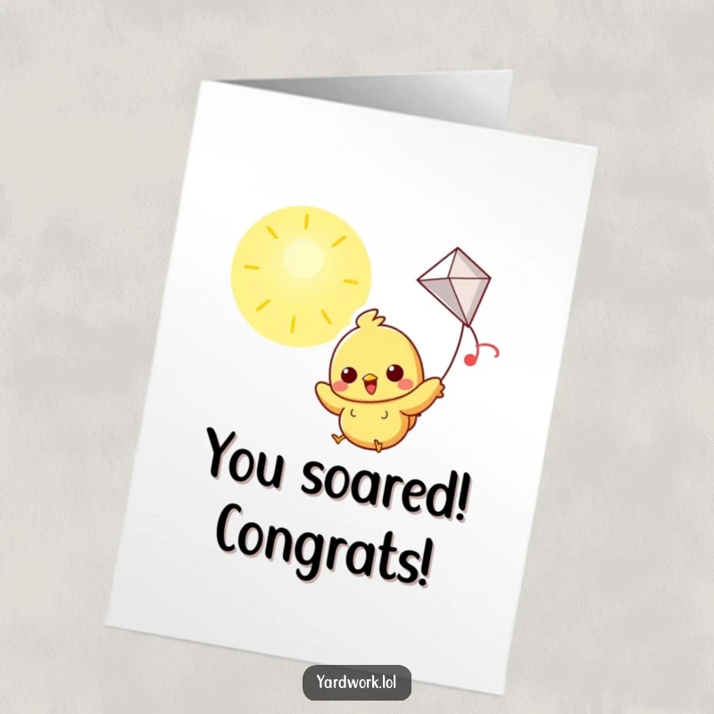 Funny Free Printable Congratulations Card: A happy chick flying a kite high in the sky, symbolizing success.