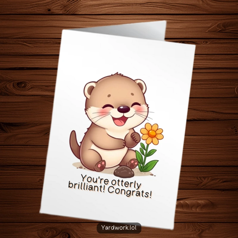 Funny Free Printable Congratulations Card: A joyful otter planting a vibrant flower, symbolizing growth and new beginnings.