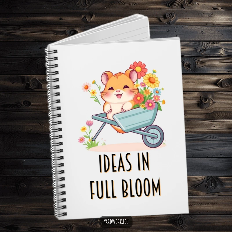 Funny notebook with a charming illustration of a giggling hamster pushing a wheelbarrow loaded with colorful flowers. Ideal for journaling or notes.