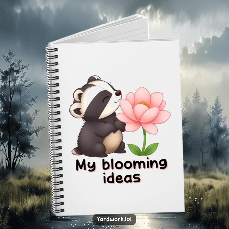Funny notebook with a delighted badger admiring a large, perfectly bloomed flower. Ideal for journaling or note-taking.