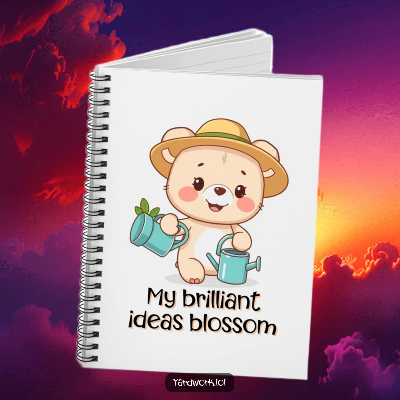 Funny notebook featuring a happy bear cub in a garden hat holding a watering can, perfect for notes.