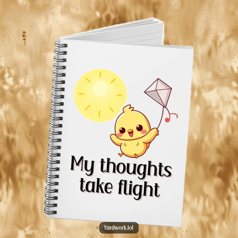 Funny notebook featuring a cheerful chick flying a kite high in a sunny sky, perfect for notes.