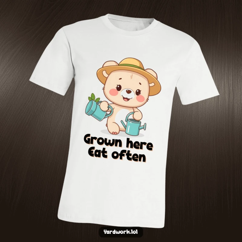 Funny t-shirt featuring a happy bear cub wearing a garden hat, holding a watering can, great for nature lovers.