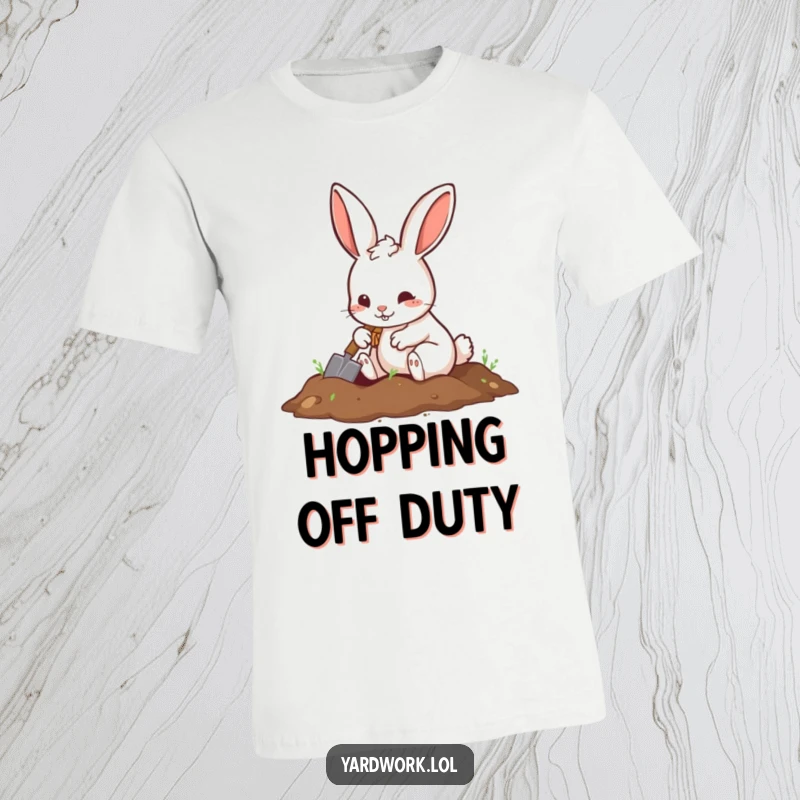 Funny t-shirt featuring a playful rabbit digging a hole with a small shovel, ready for adventure.